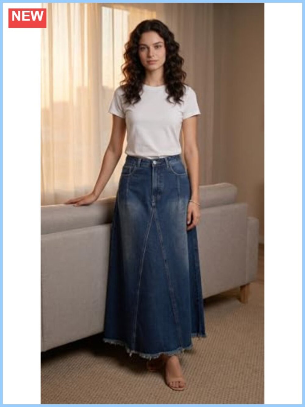 Women's Full Length Denim Skirt High Waisted Frayed Raw Hem Flared A Line Maxi - Picture 3 of 5